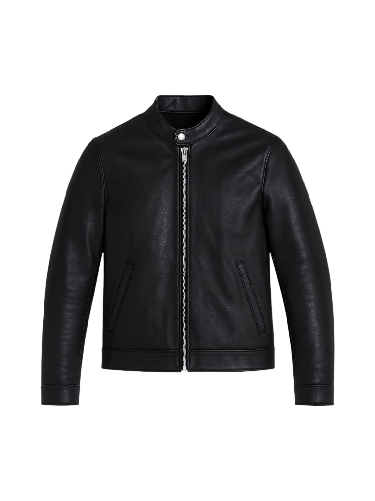 front view of black cafe racer leather jacket

