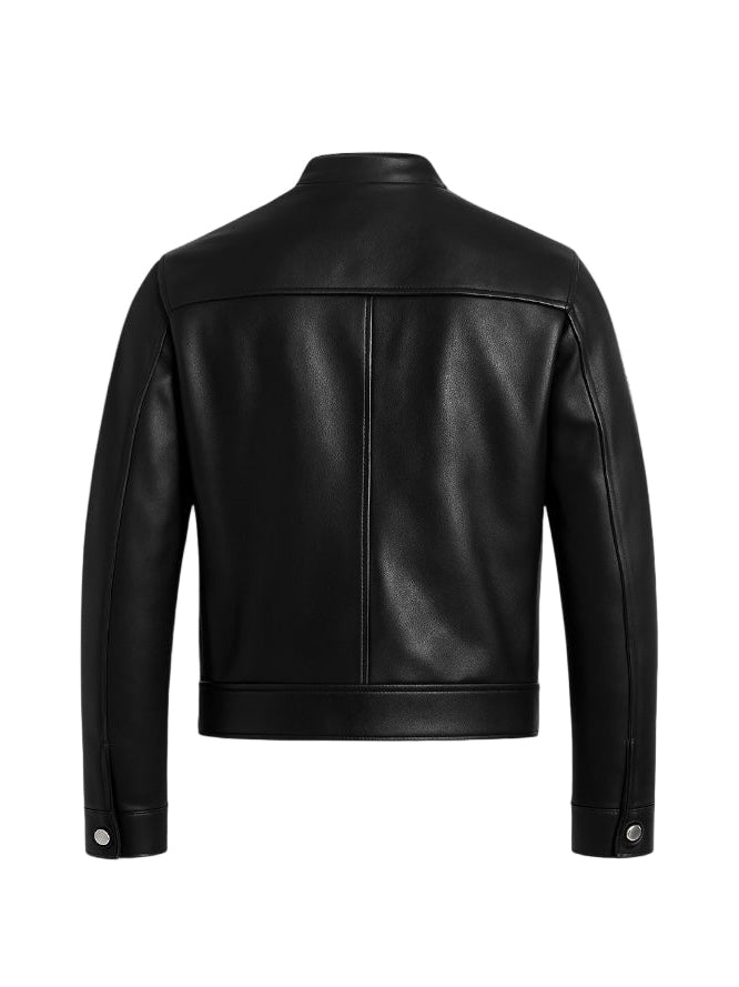 back view of black cafe racer leather jacket