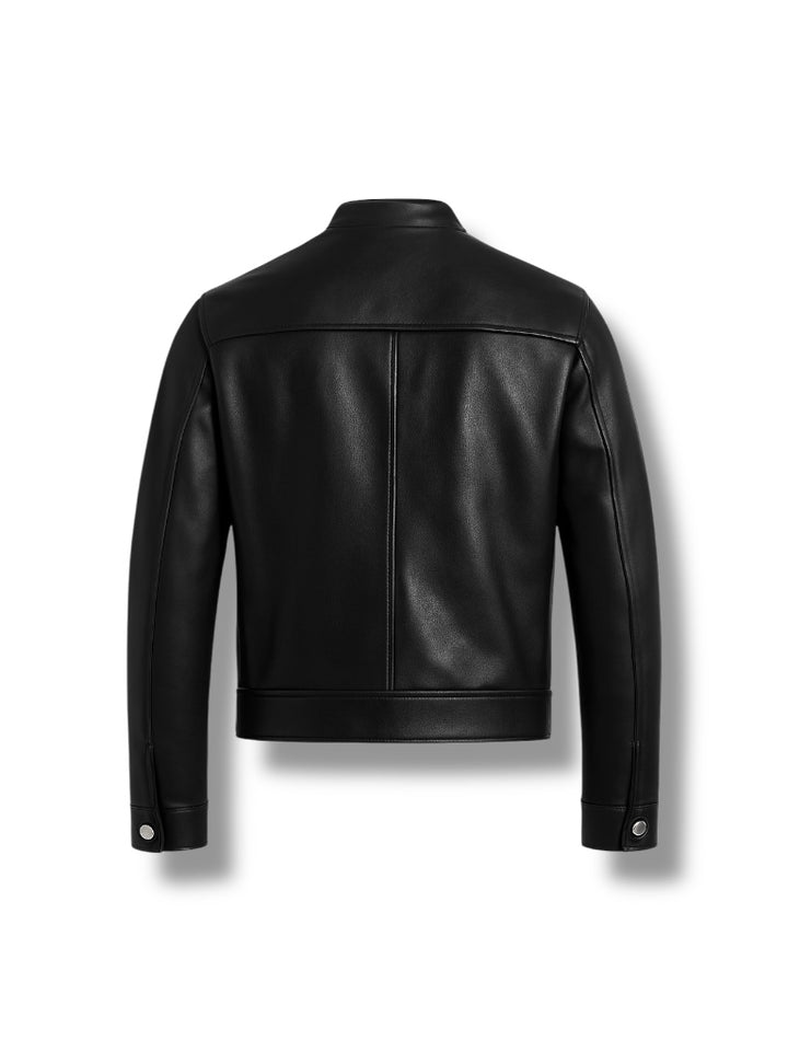 back view of black cafe racer leather jacket
