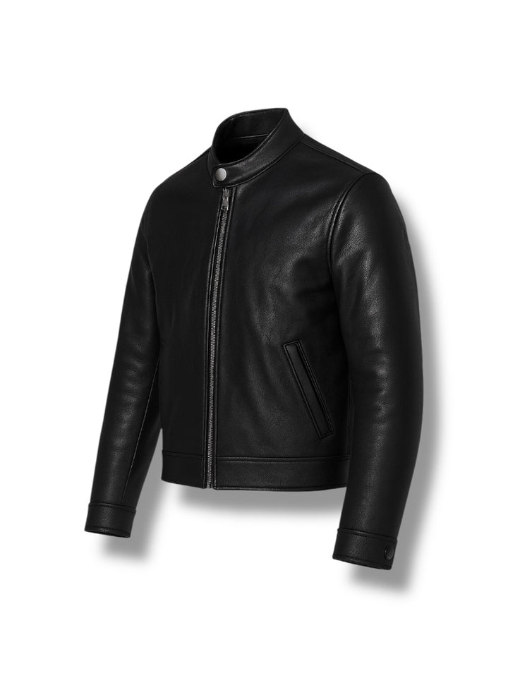 Black leather jacket on a white background