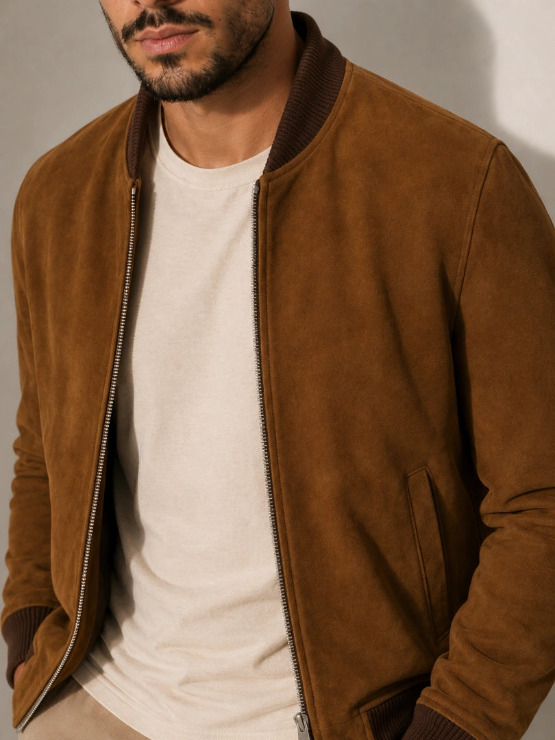 Man wearing a brown suede jacket over a white shirt against a neutral background