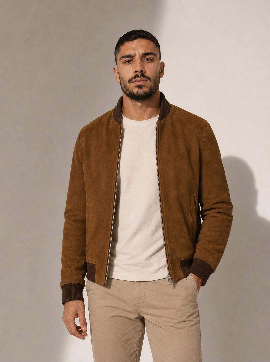 Man wearing a brown suede jacket over a white shirt with beige pants against a plain background