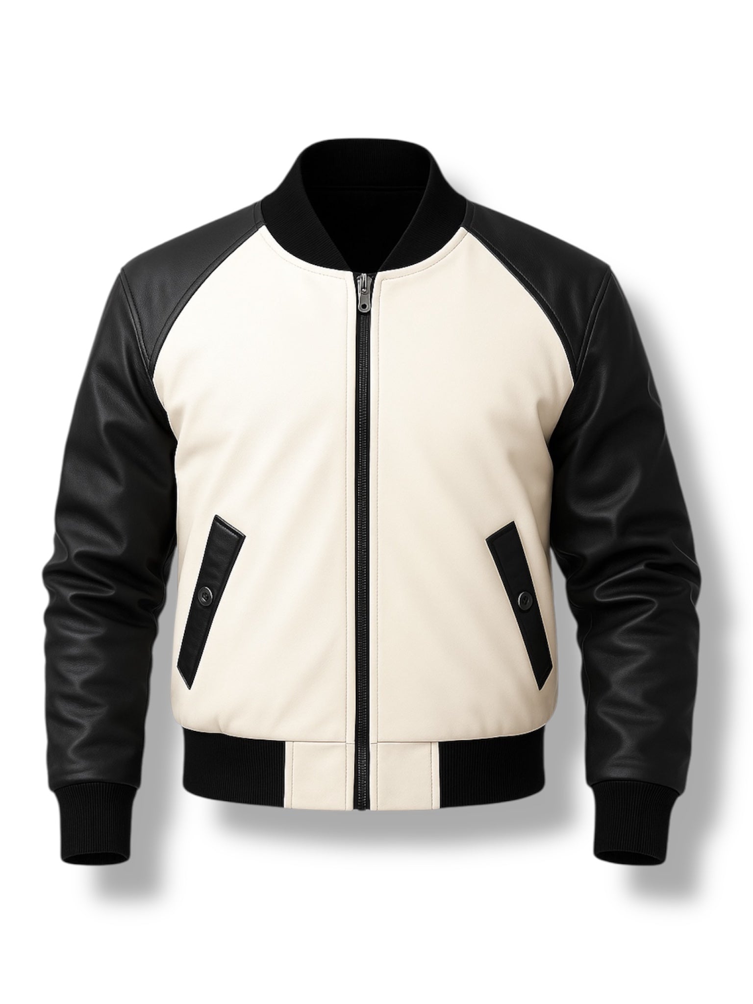 Black and white jacket with leather sleeves on a white background