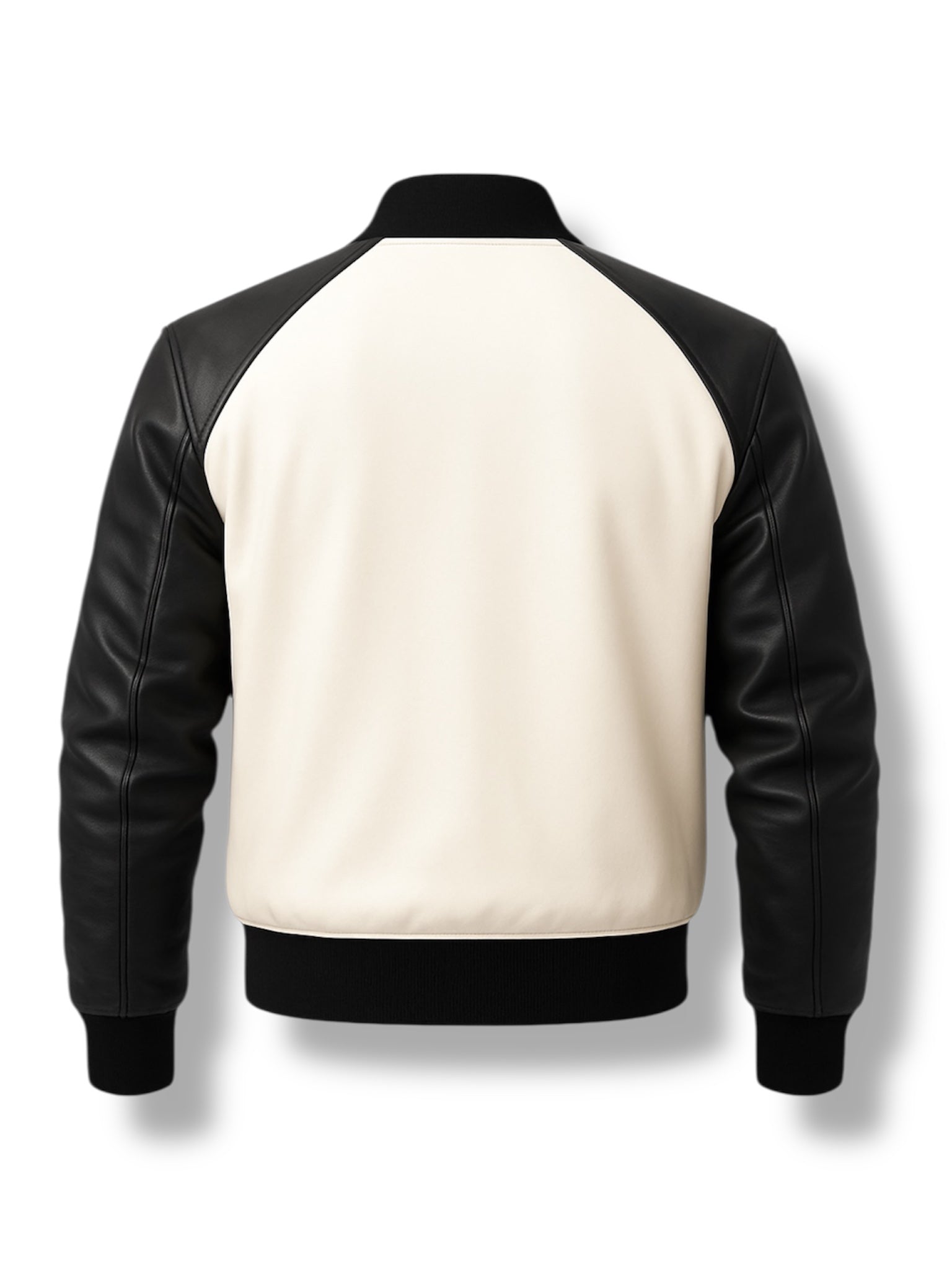 back shot of Black and white varsity jacket on a white background