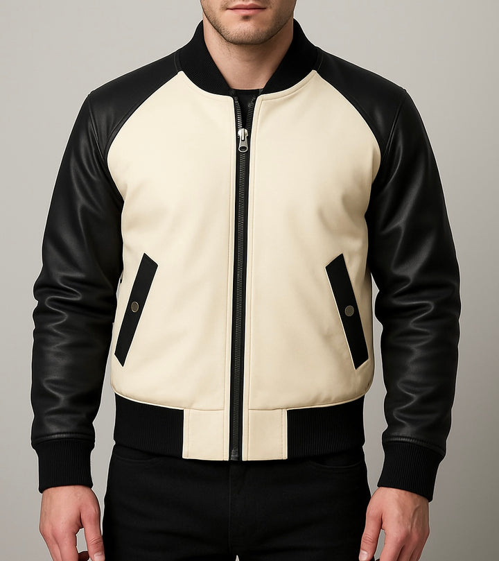 front view of a man wearing Black and beige bomber jacket on a gray background