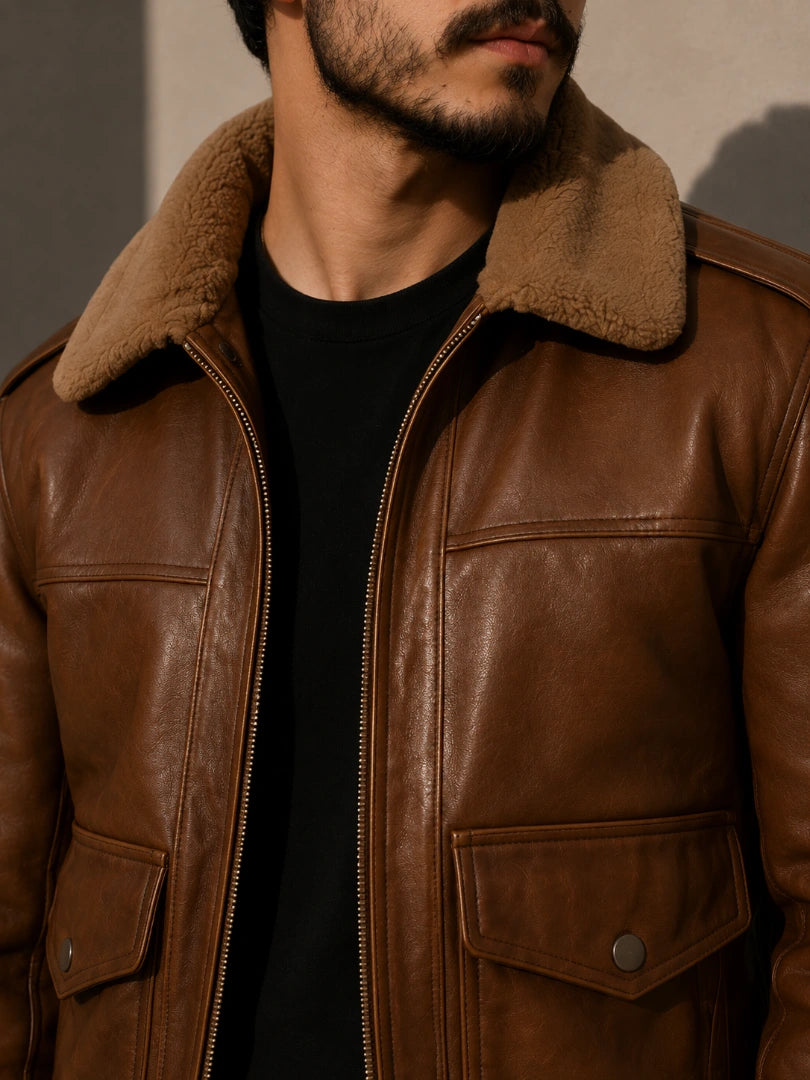 Brown leather jacket with fur collar worn by a person