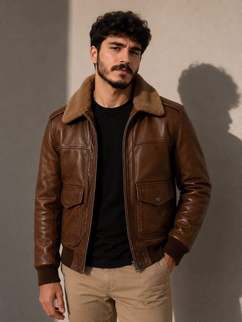 Man wearing a brown leather jacket with a fur collar against a plain background