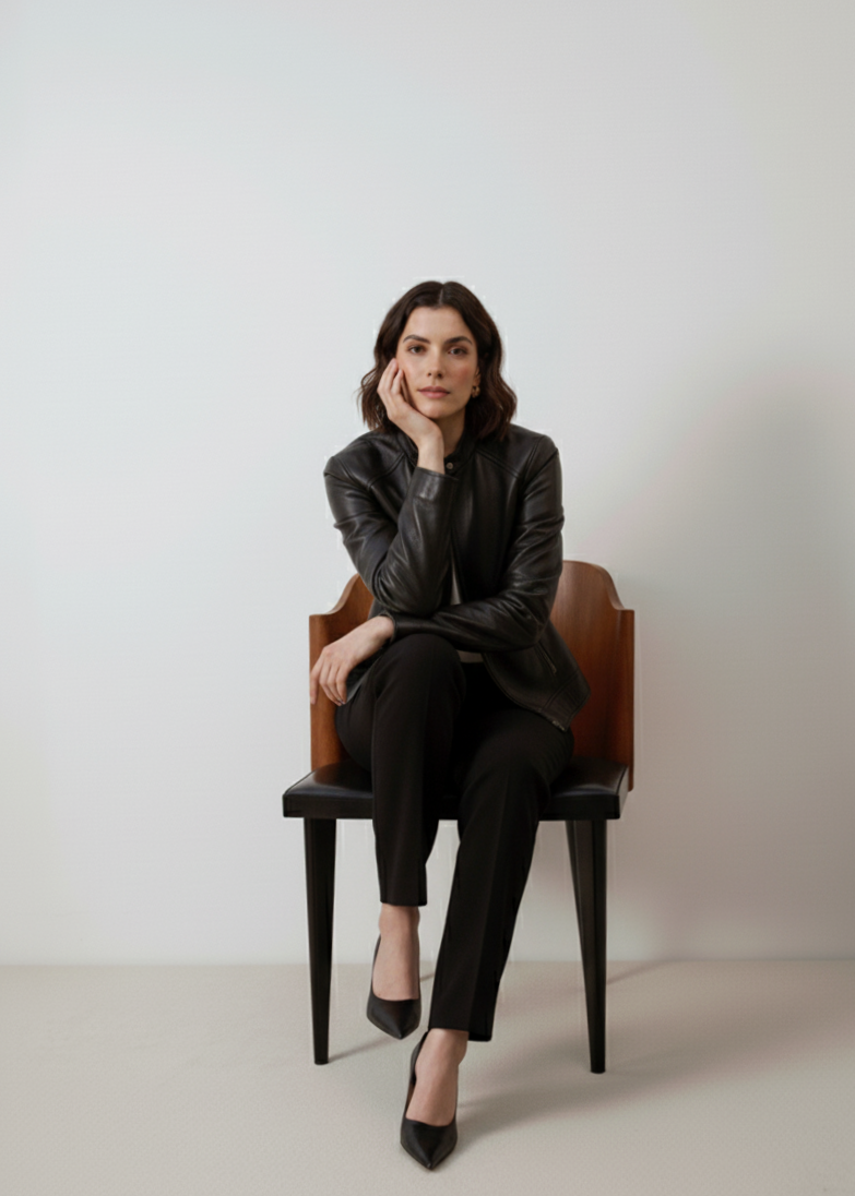 Woman in a black outfit sitting on a chair against a plain background