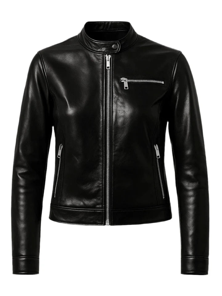 Black leather jacket with zippers on a white background
